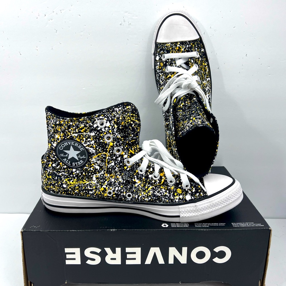 CONVERSE ALL STAR,CHUCK TAYLOR, BLACK W/YELLOW & WHITE SPLATTER,MENS 9, WOMEN 11